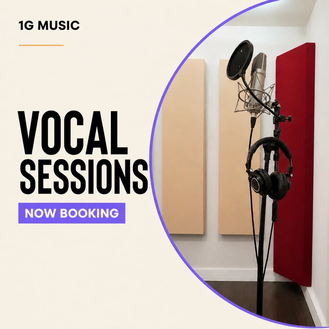 1 G Music vocal sessions campaign graphic featuring the studio microphone and headphones