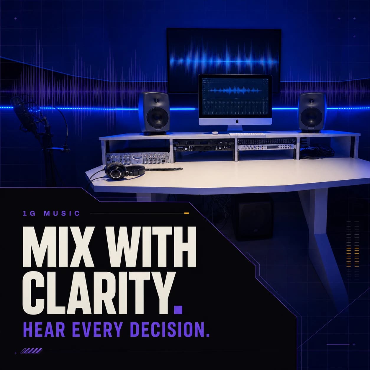 1 G Music mixing campaign graphic featuring the blue control room and the message Mix with clarity