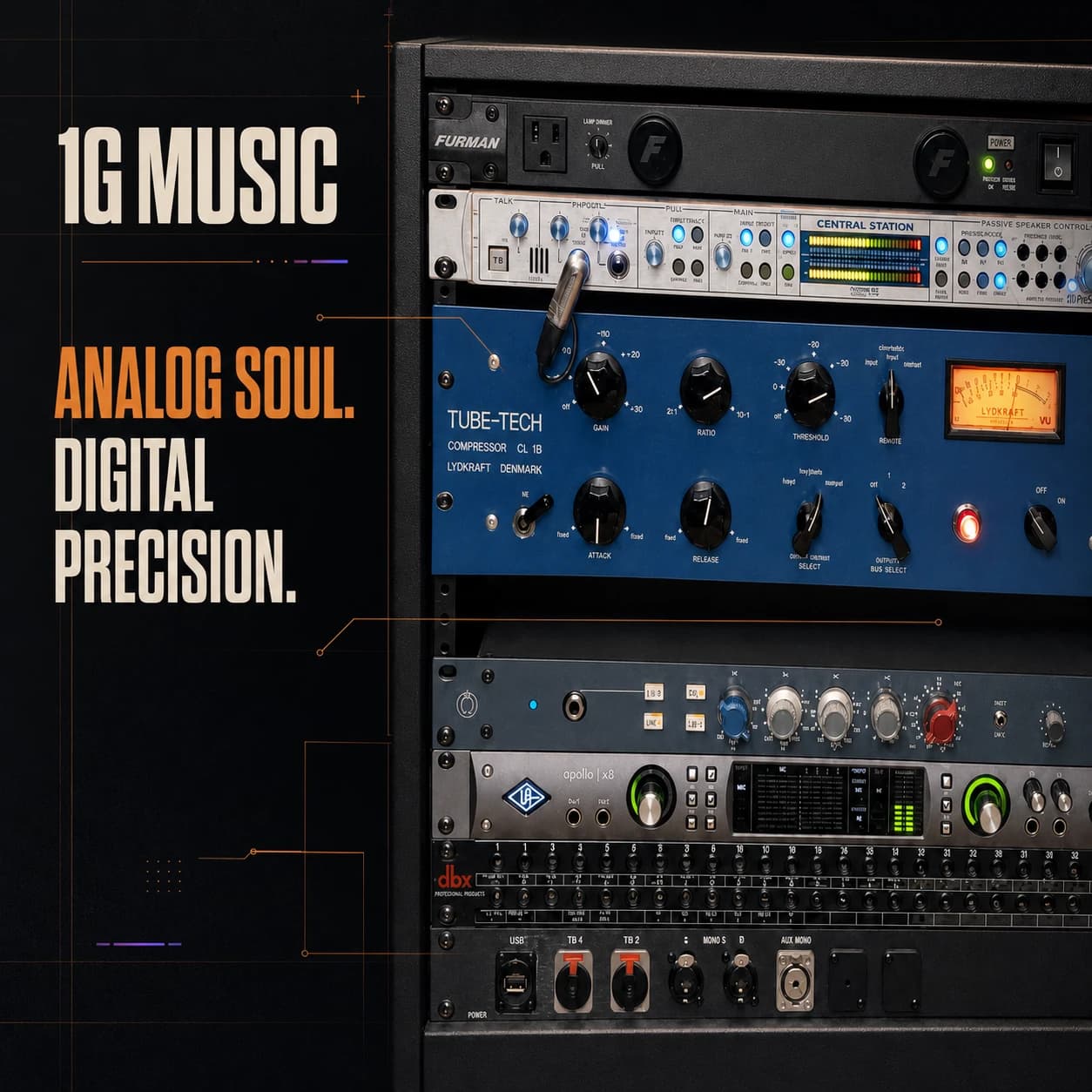 1 G Music analog soul and digital precision campaign graphic featuring the studio equipment rack
