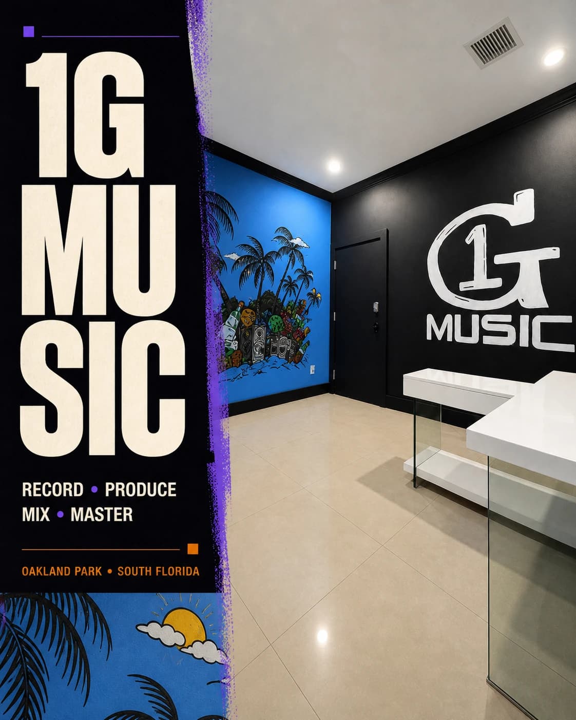 1 G Music studio services campaign graphic featuring the lobby mural and studio logo