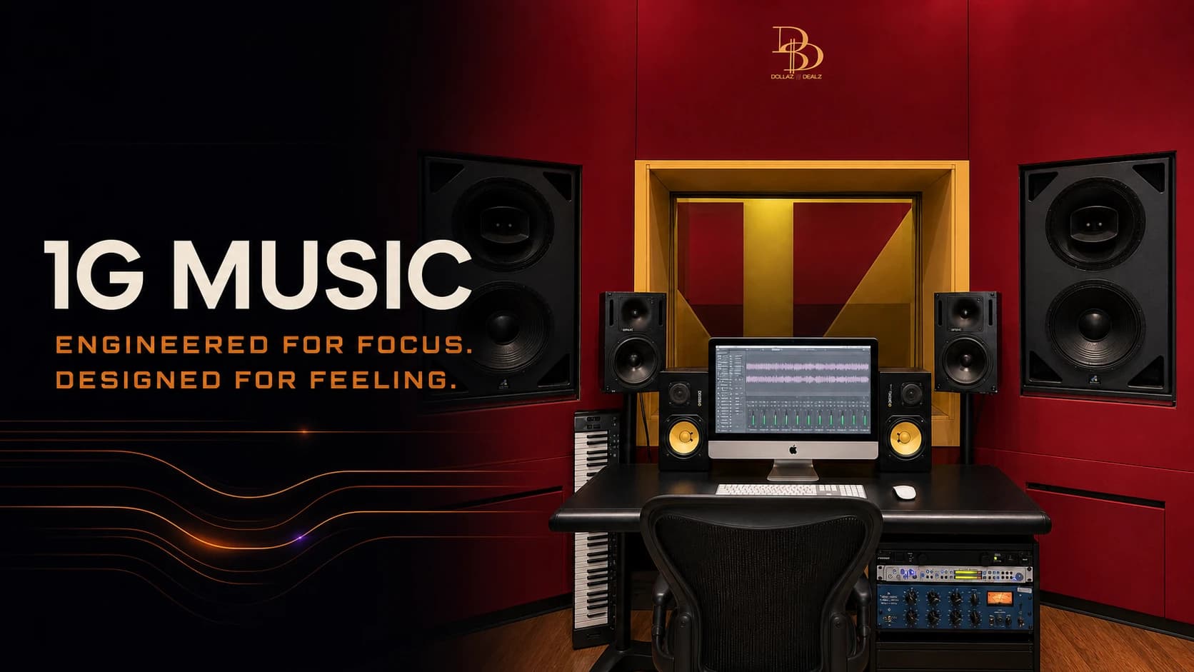 1 G Music control room campaign banner with the studio workstation and monitor wall